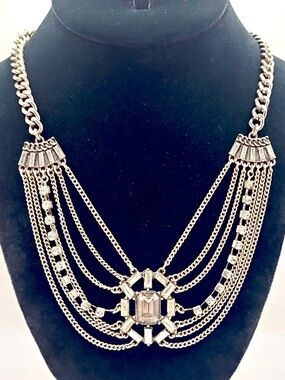 Vintage Silver Tone Layered Chain Necklace Crystal Statement Y2K Glam
